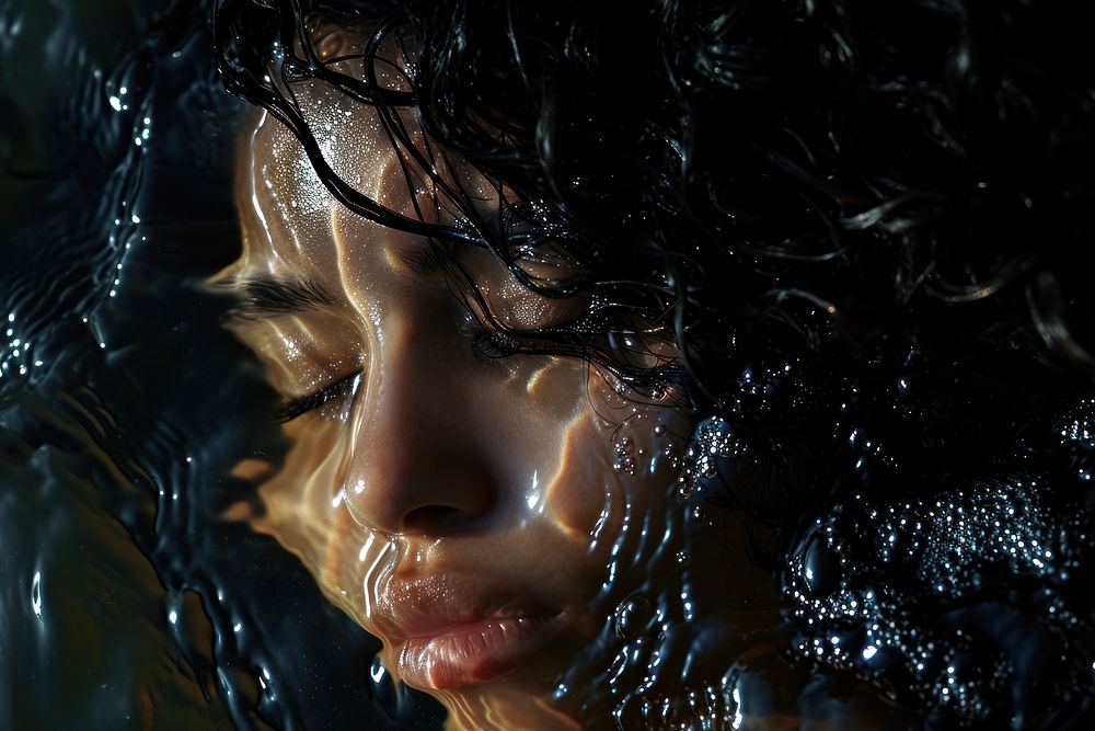The reflection in black solid oil captures a sad Latina Brazilian woman portrait photography hairstyle.