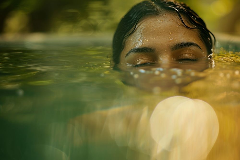 The reflection in water captures a positive Latina Brazilian woman swimming adult skin.