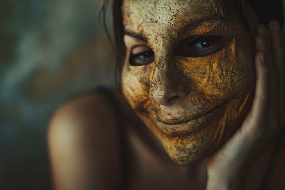A Latina Colombian woman pretends to be happy by wearing a smile mask skin portrait photo.