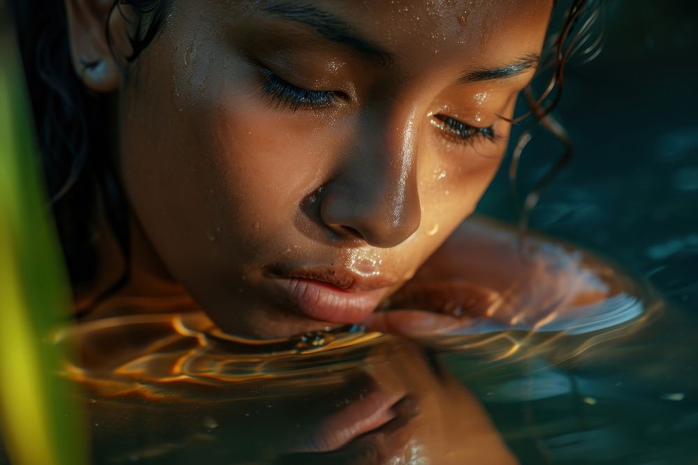 A Latina Colombian girl with a sad expression gently touches the reflection in the water adult skin contemplation.