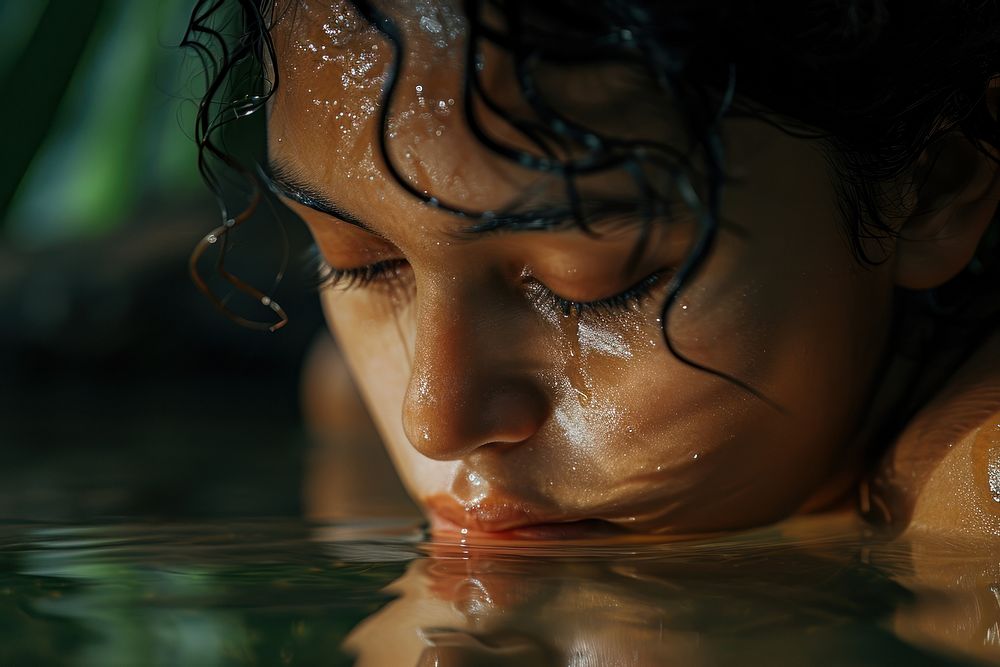 A Latina Colombian girl with a sad expression gently touches the reflection in the water skin contemplation headshot.