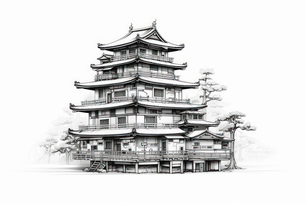 Japanese building drawing architecture pagoda.