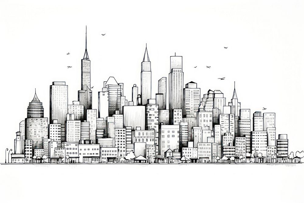 Lively building skyline drawing sketch city.