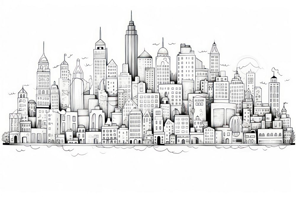 Lively building skyline drawing architecture sketch.
