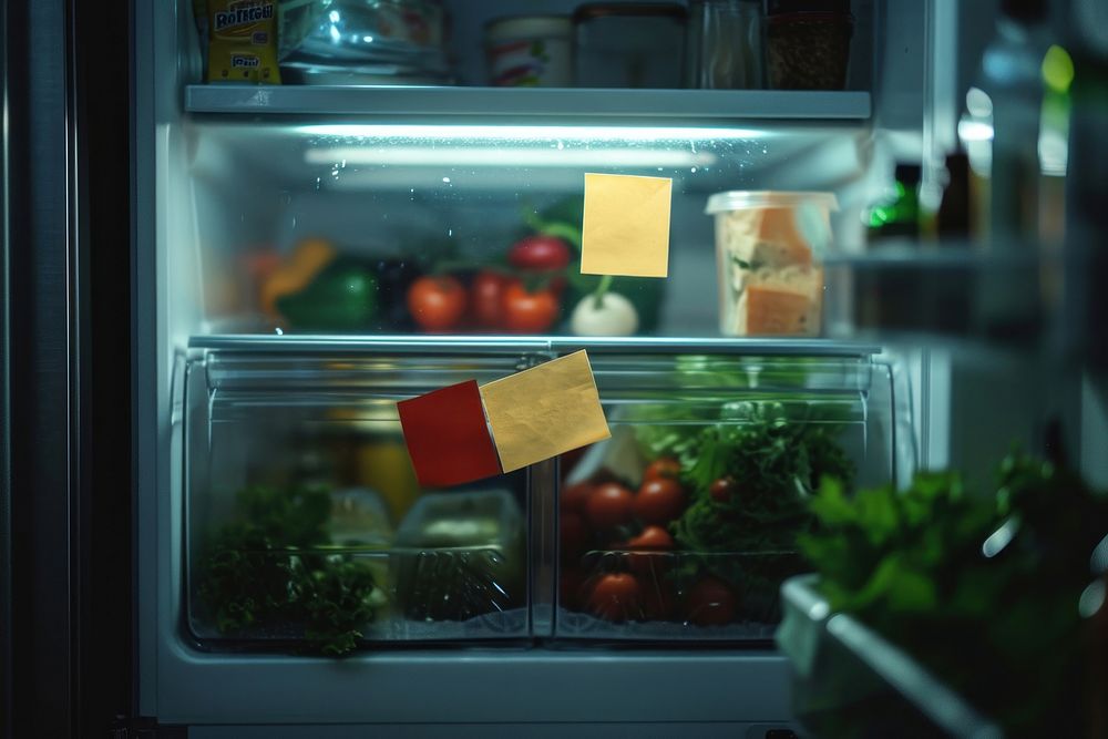 Sticky notes refrigerator appliance container.