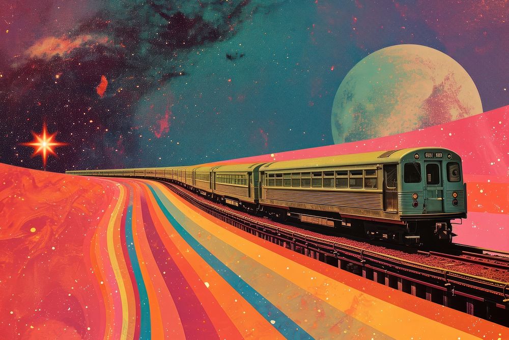 A train zooming through the universe vehicle night moon.
