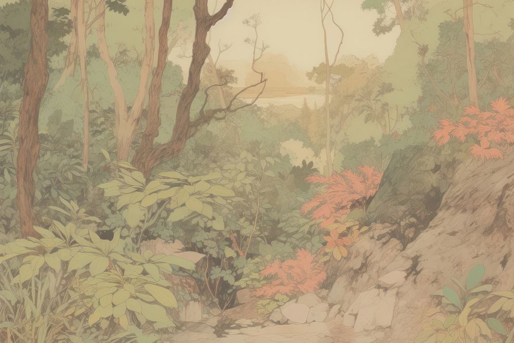 A tropical forest outdoors woodland painting.