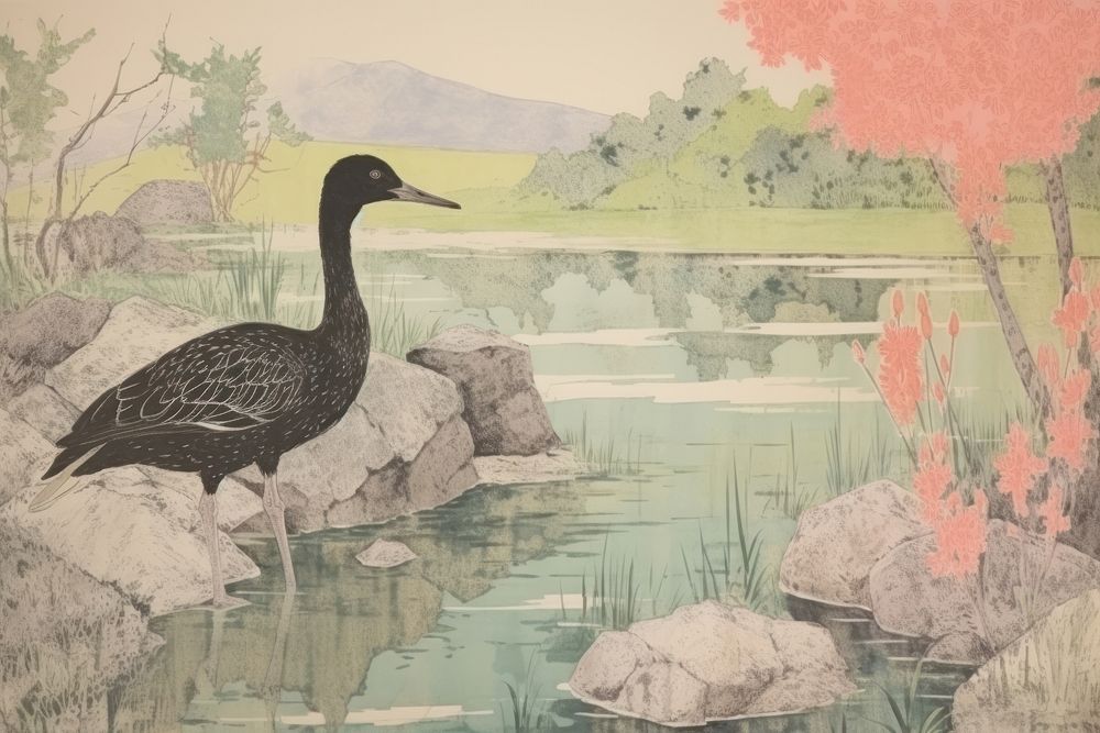 A lake with heron background outdoors painting animal.