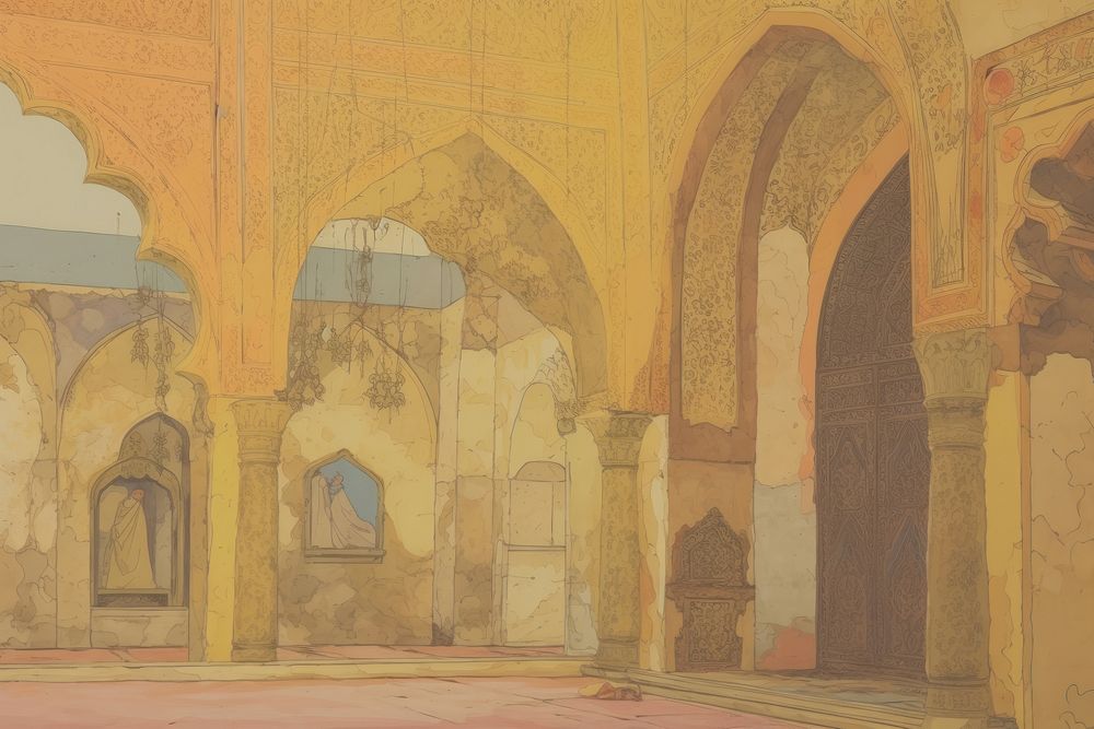 Inside a mosque with intricate designs background architecture backgrounds painting.