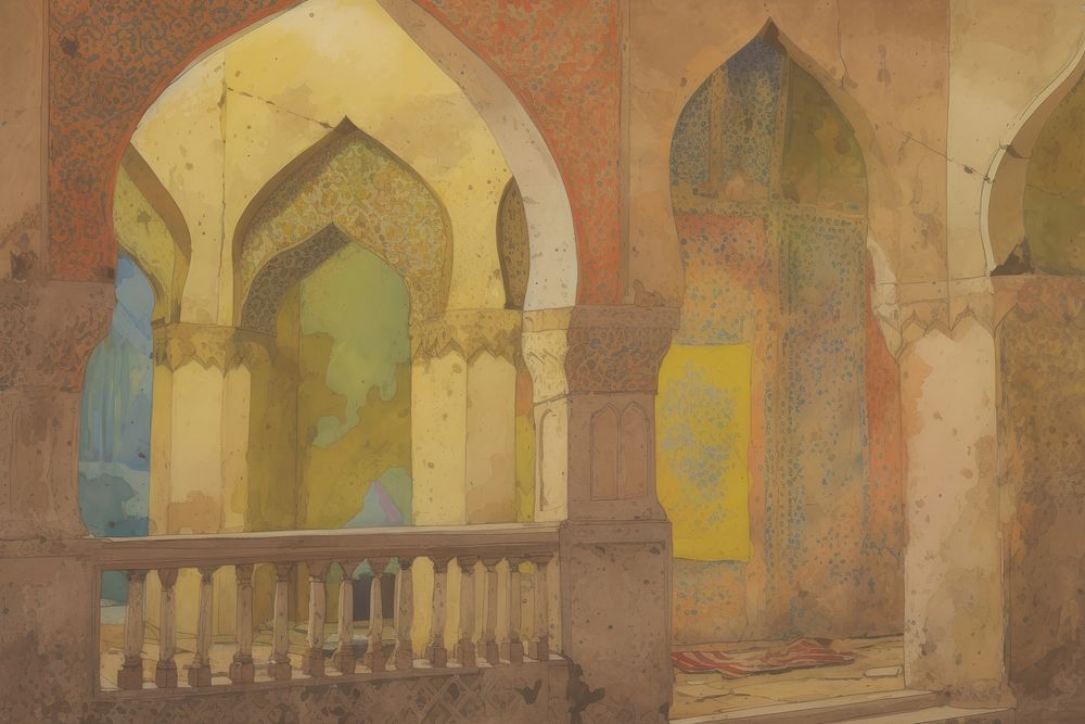 Inside a mosque with intricate designs background architecture painting crypt.
