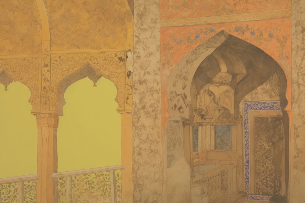 Inside a mosque with intricate designs background architecture building painting.