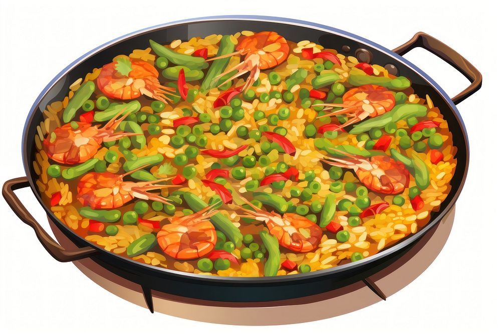 Mouth watering paella plate food white background.