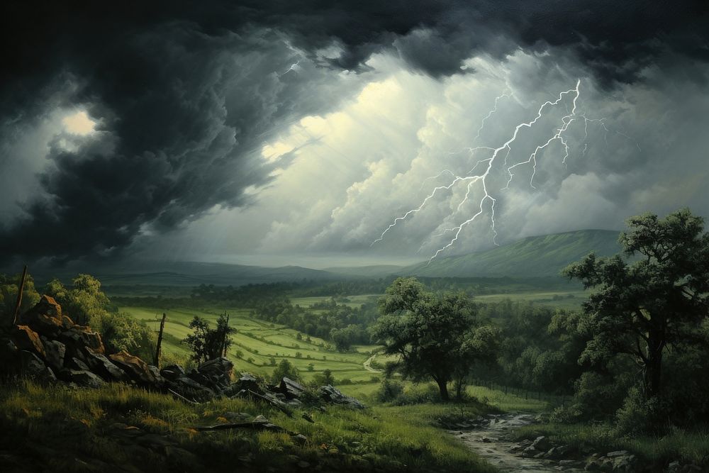 Thunder storm thunderstorm landscape lightning. AI generated Image by rawpixel.