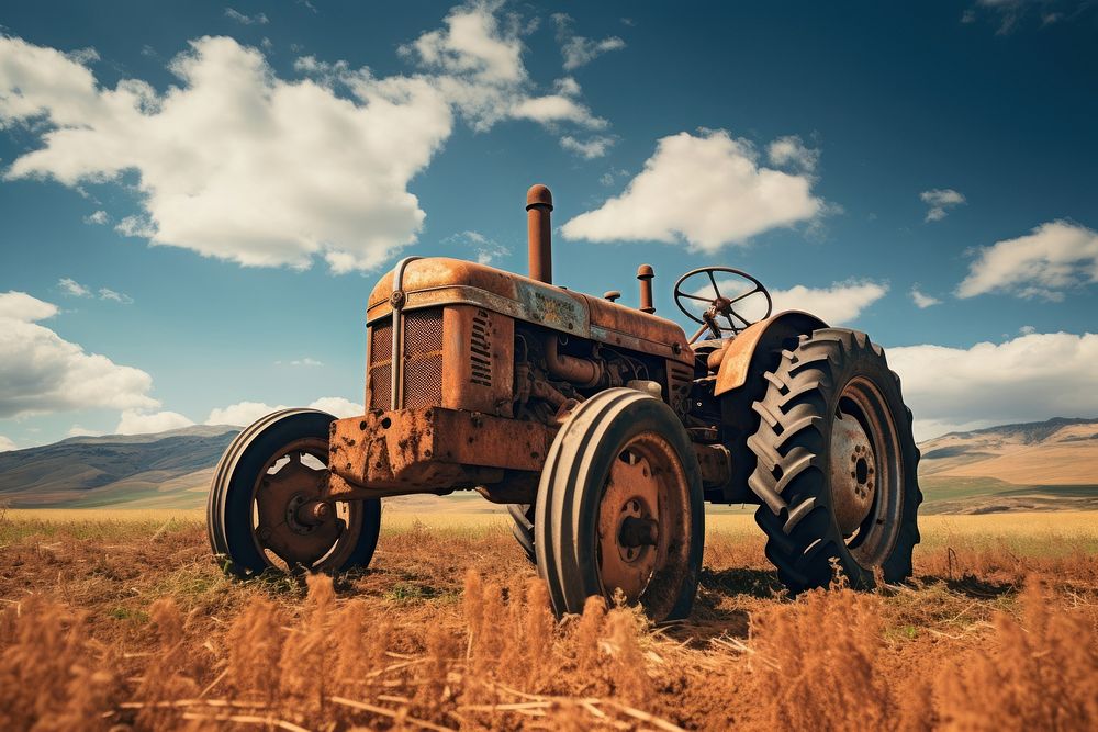 Tractor on a field landscape outdoors vehicle. AI generated Image by rawpixel.