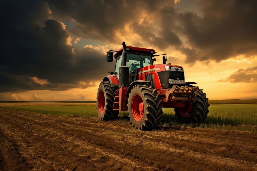 Tractor on a field agriculture landscape outdoors. AI generated Image by rawpixel.