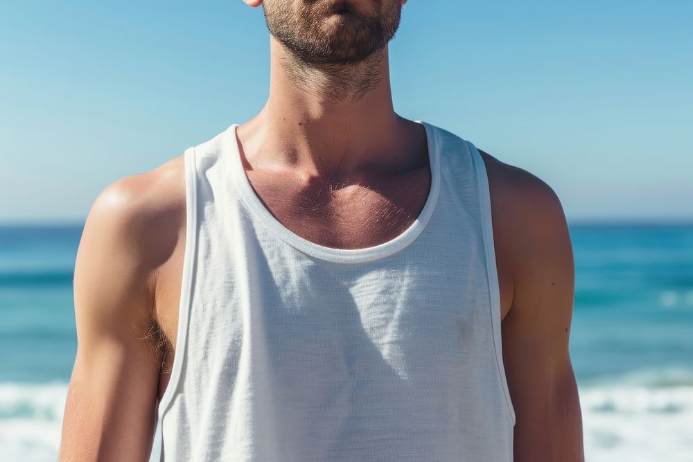 Man wearing white tank top summer beach adult.