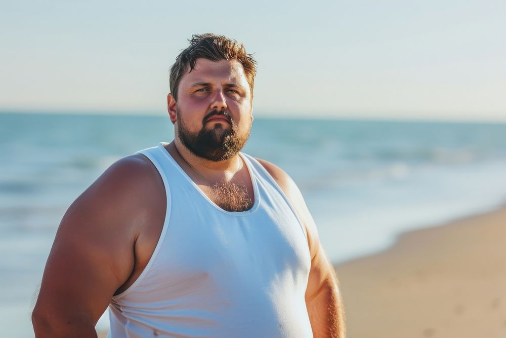 Fat man wearing white tank top summer beach adult.