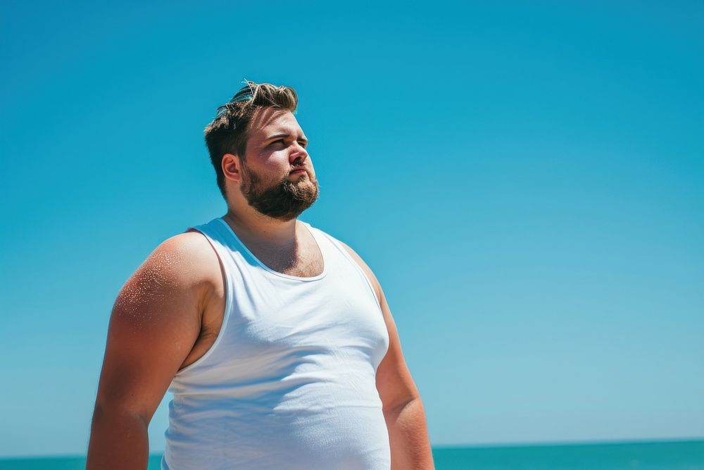 Fat man wearing white tank top summer beach adult.