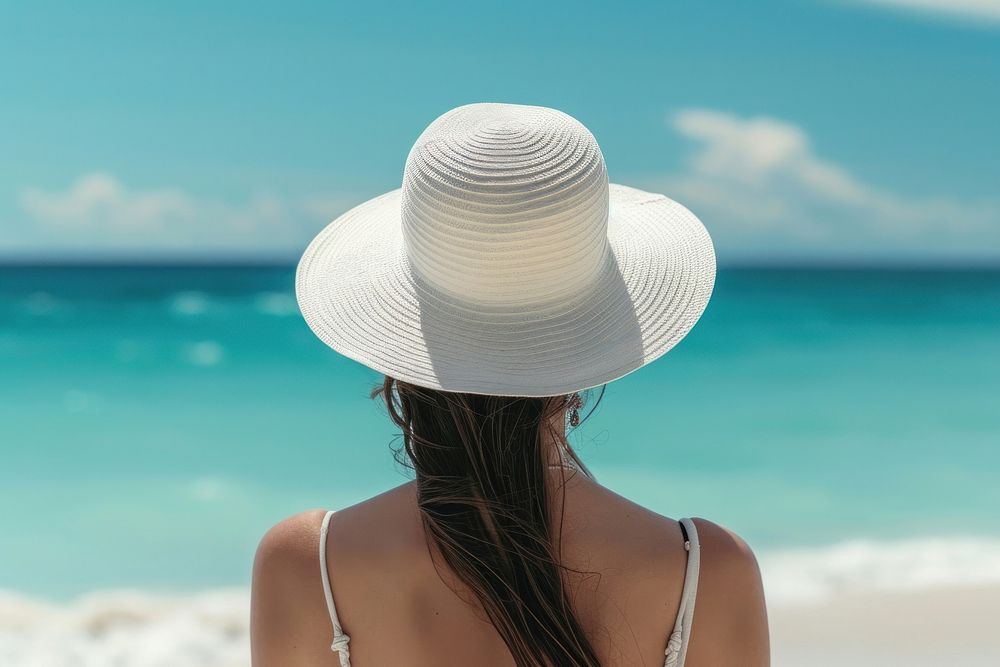 Woman wearing white hat summer beach adult.