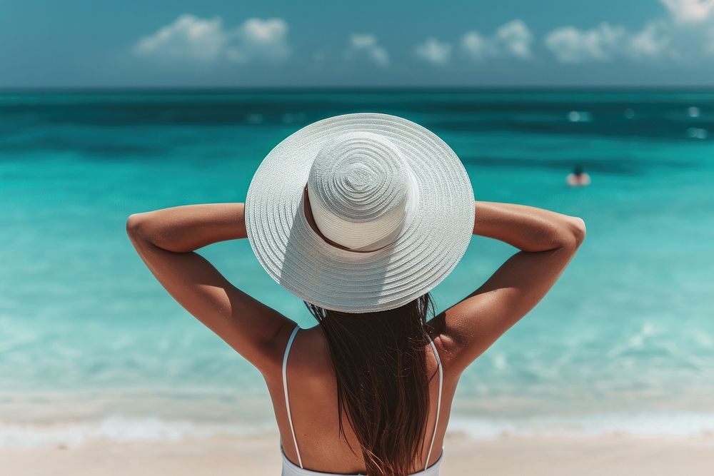 Woman wearing white hat summer beach adult.
