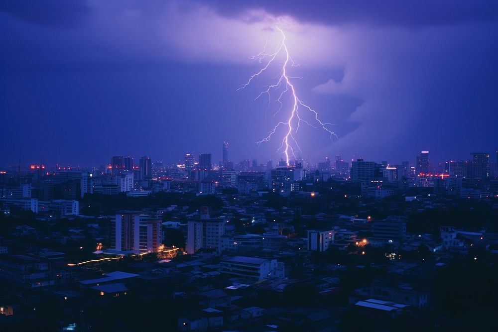 Bangkok cityscape lightning thunderstorm architecture. AI generated Image by rawpixel.