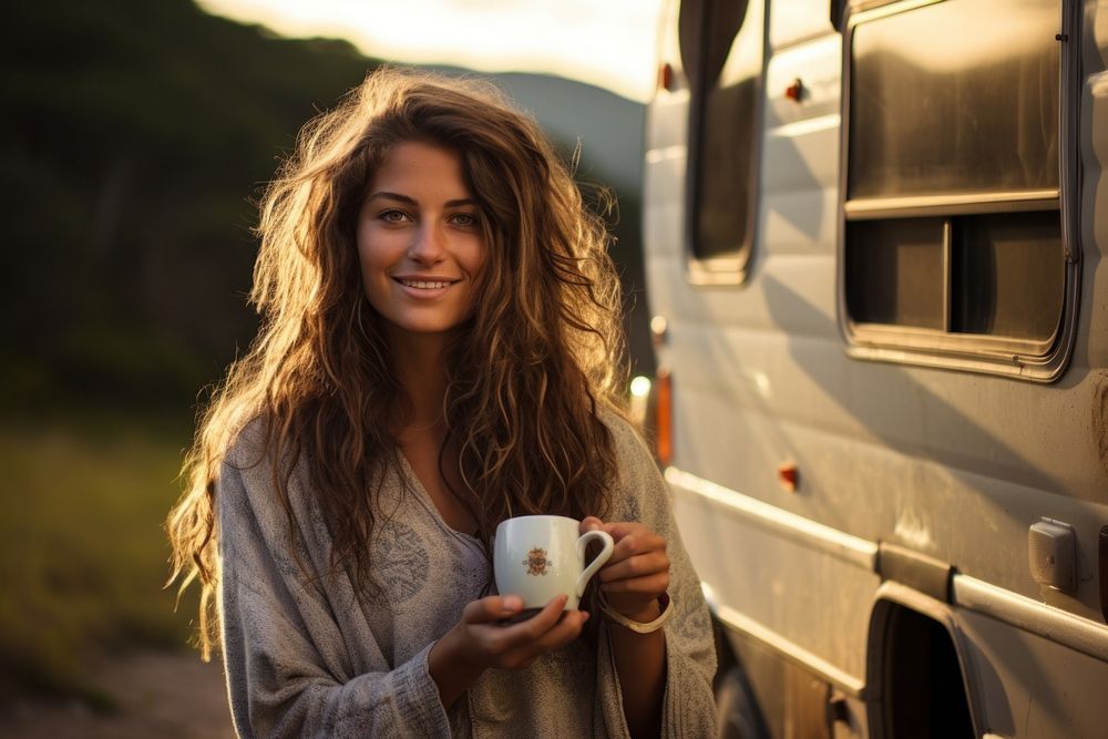 Brazilian girl drinking coffee outdoors cup mug.