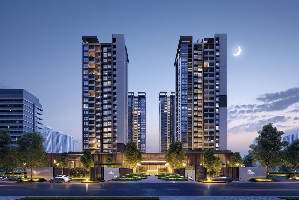 Stand alone modern condominium buildings architecture outdoors night.