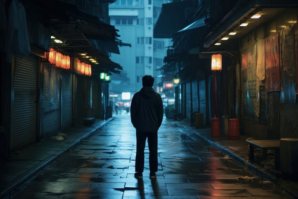 Lonely man in hongkong standing walking street. AI generated Image by rawpixel.