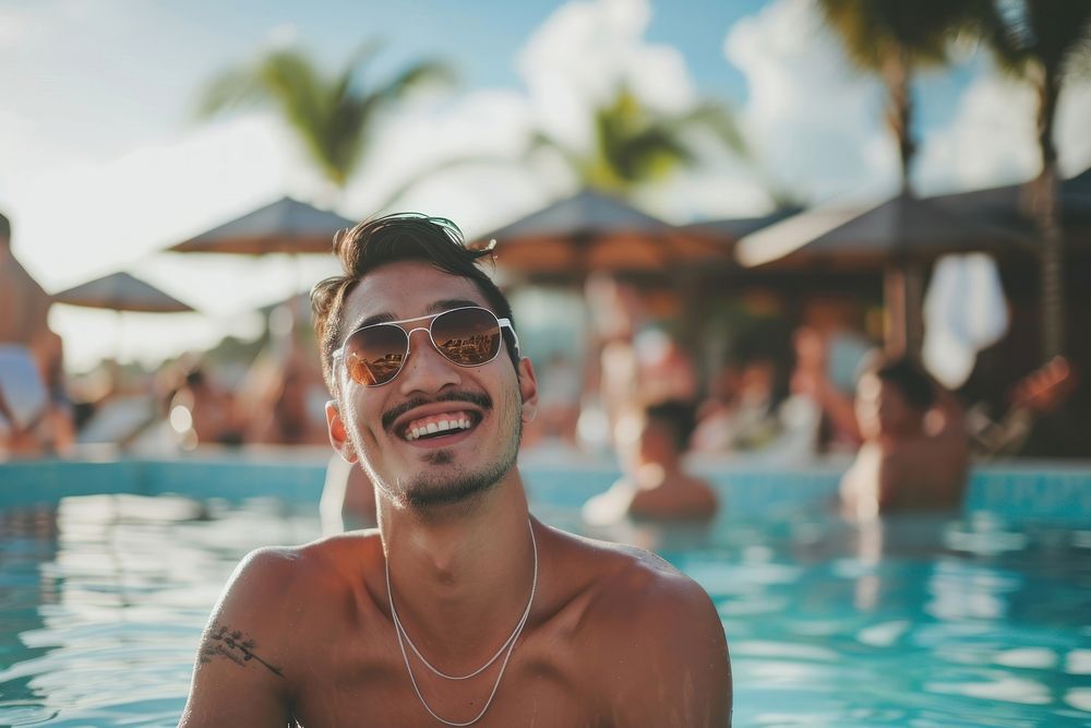 Man wearing blank white swiming suit sunglasses portrait summer.
