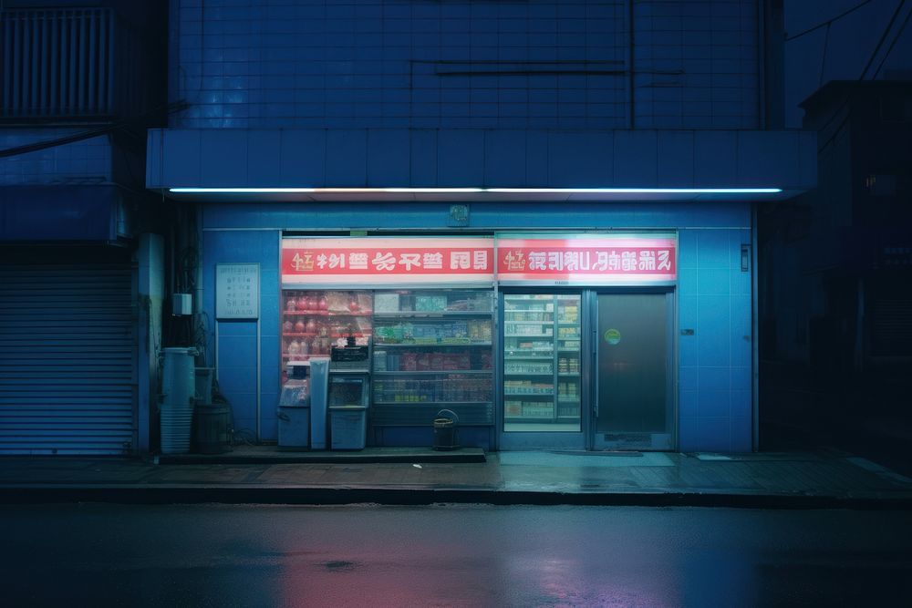 Outside minimart night architecture refrigerator. AI generated Image by rawpixel.