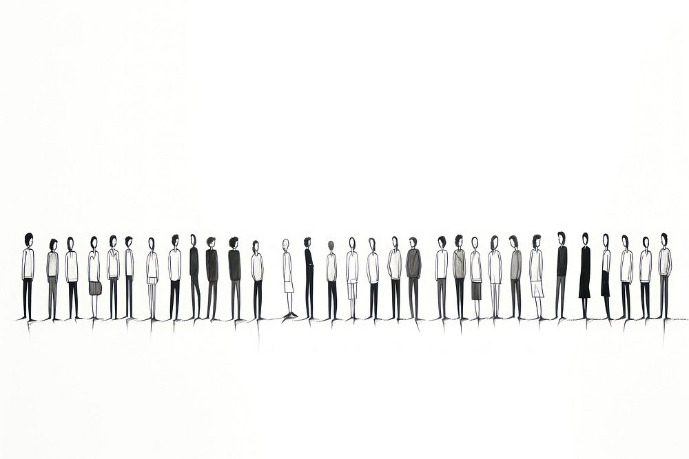 Stickpeople standing in line drawing art monochrome.