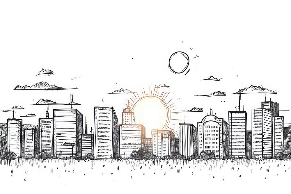 Sunset over a city drawing sketch doodle.