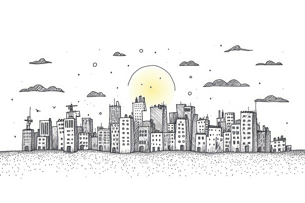 Sunset over a city drawing sketch doodle.