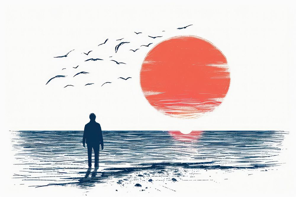 Sunset over an ocean silhouette outdoors drawing.