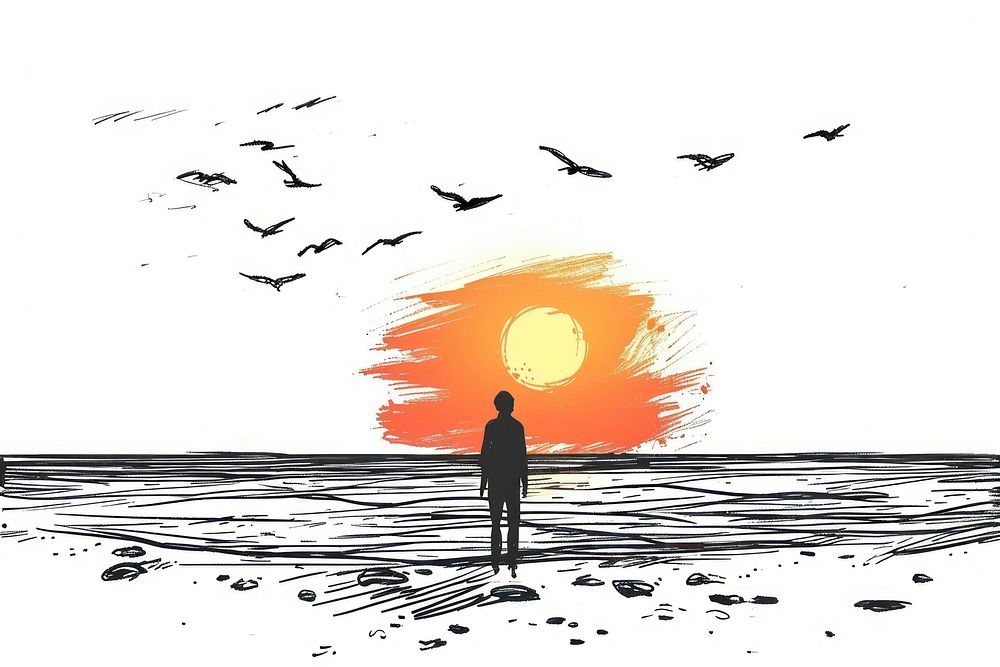 Sunset over an ocean drawing silhouette outdoors.