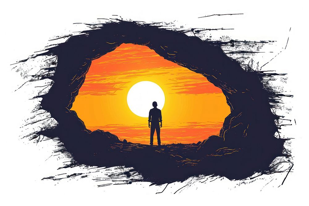 Sunset through a cave silhouette outdoors drawing.