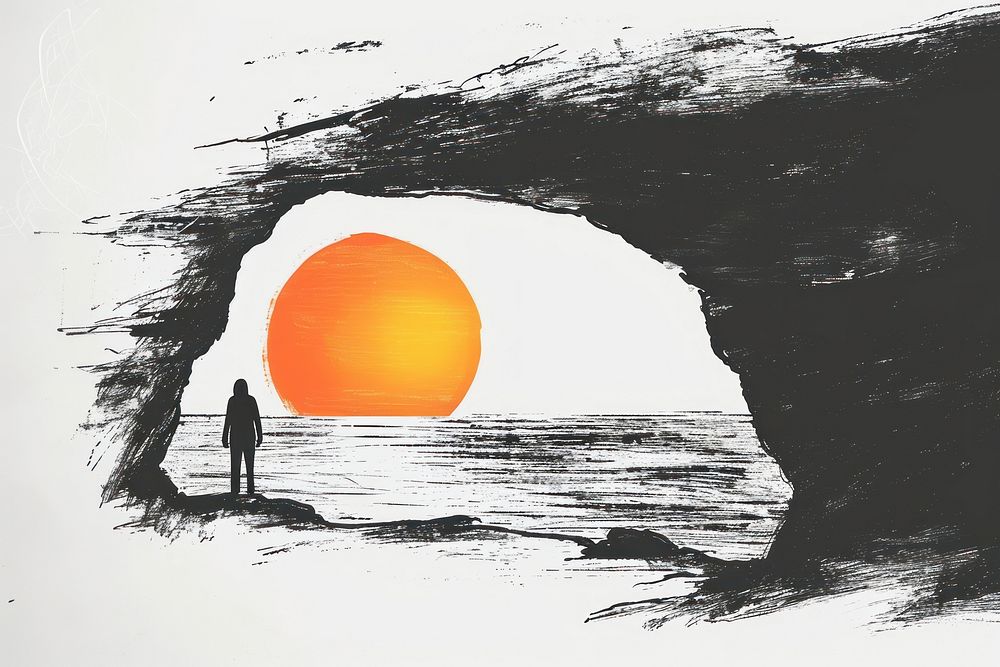 Sunset through a cave outdoors drawing nature.