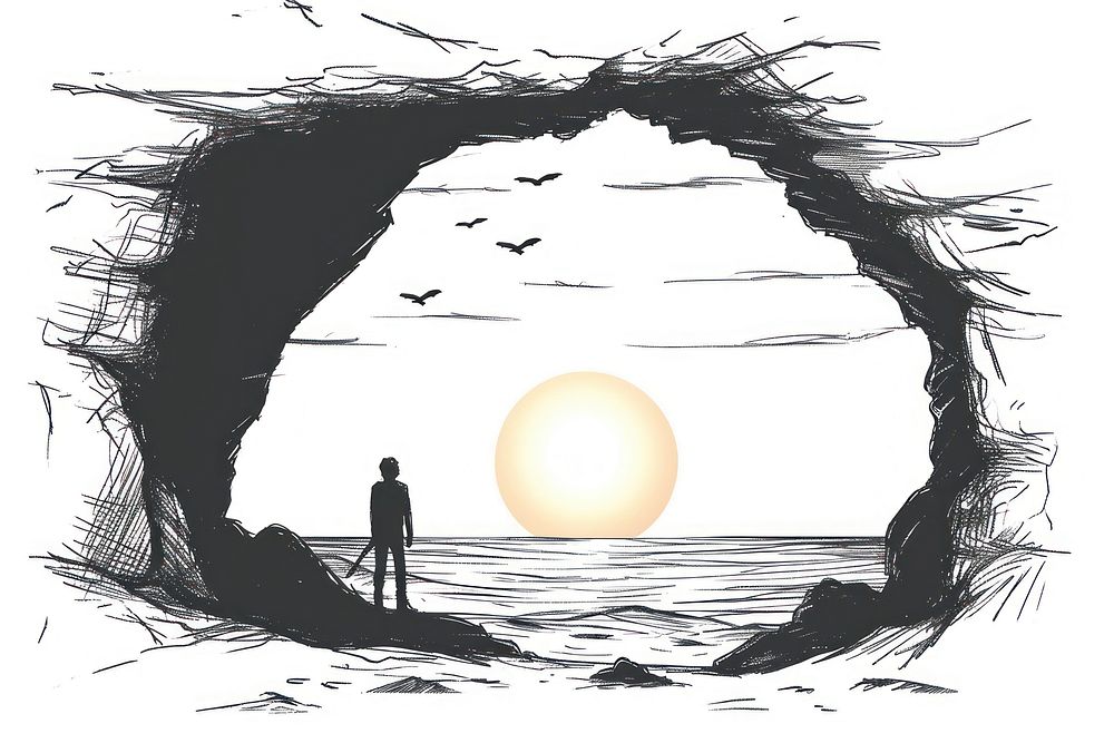 Sunset through a cave drawing silhouette outdoors.