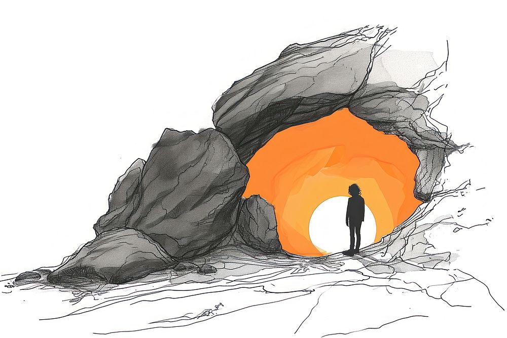 Sunset through a cave drawing sketch art.