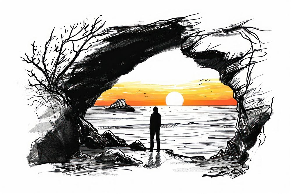 Sunset through a cave silhouette outdoors drawing.