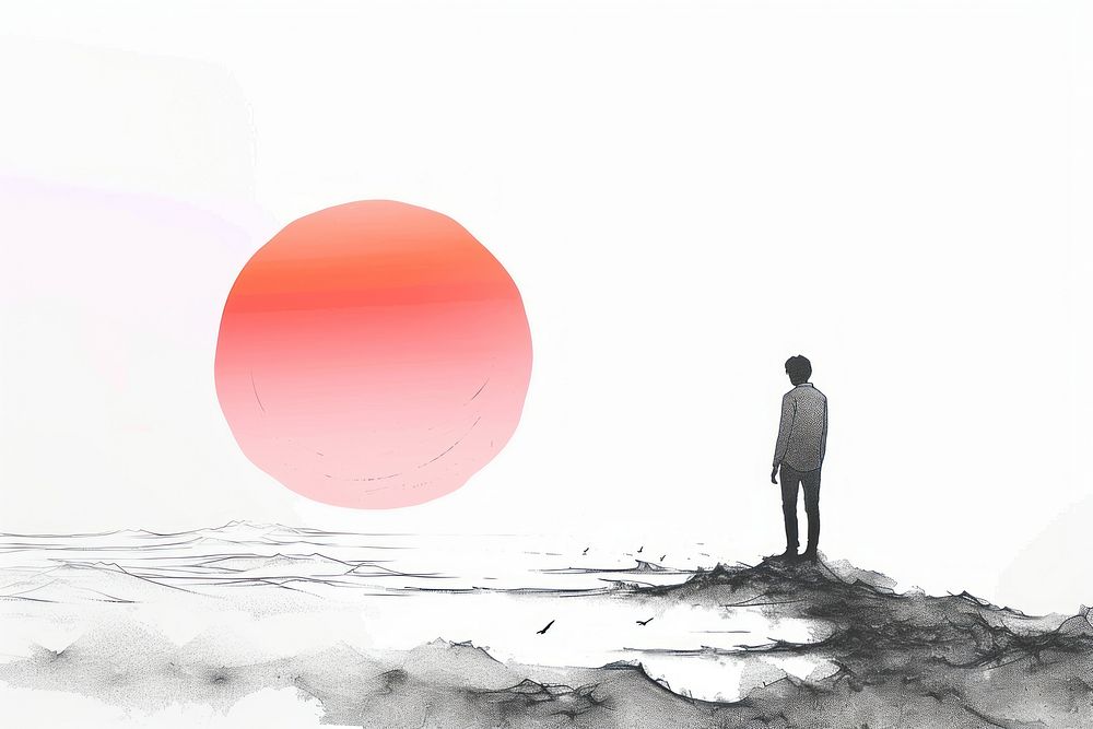 Sunset through fog standing outdoors drawing.