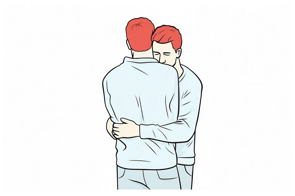 2 males close friend hugging sketch drawing white background.