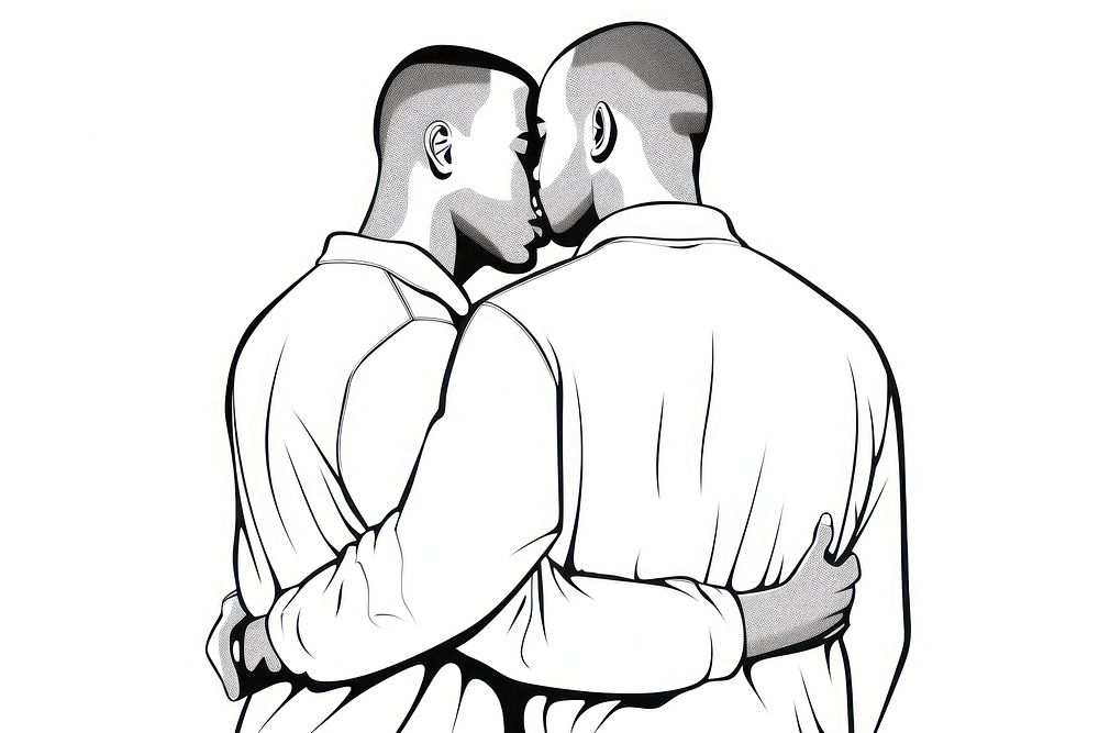 2 black males hugging sketch drawing kissing.
