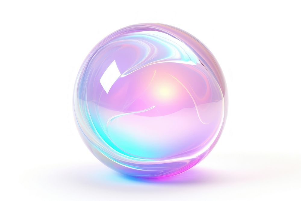 Orb iridescent sphere bubble white background.