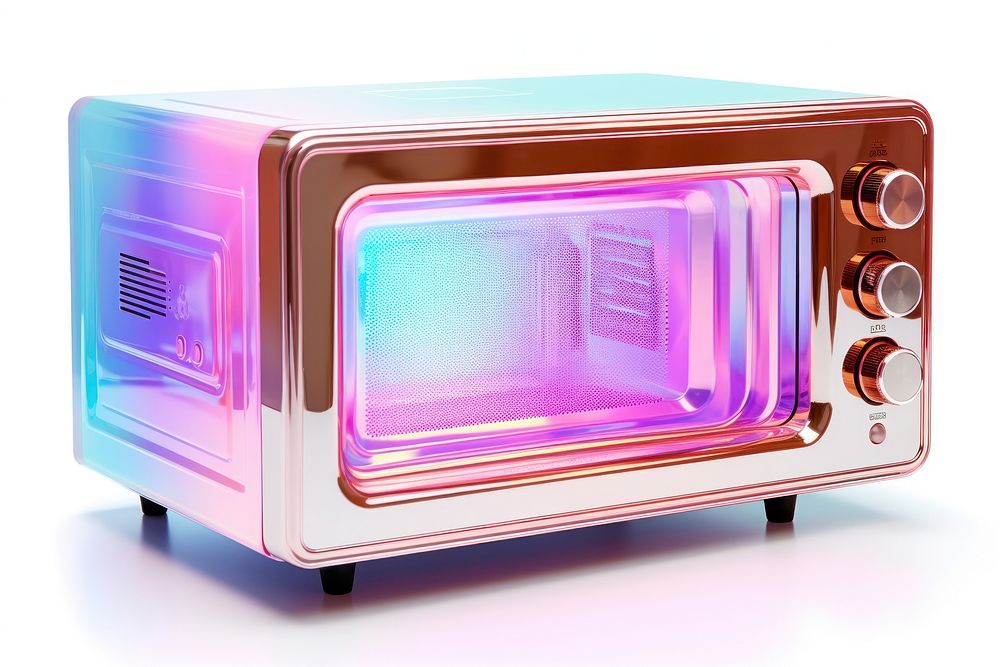 Microwave iridescent appliance oven white background.