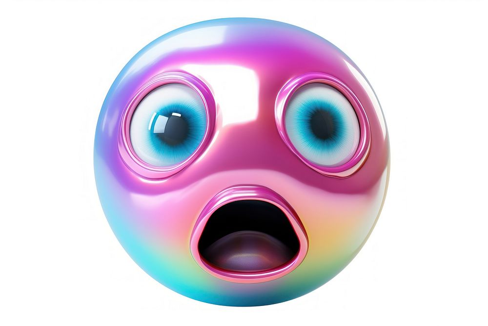 Surprised emoji iridescent sphere ball white background.