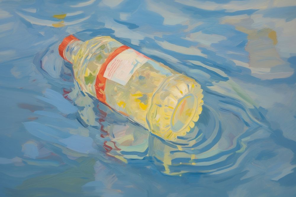 Plastic bottle floating in a tropical ocean painting refreshment reflection. AI generated Image by rawpixel.