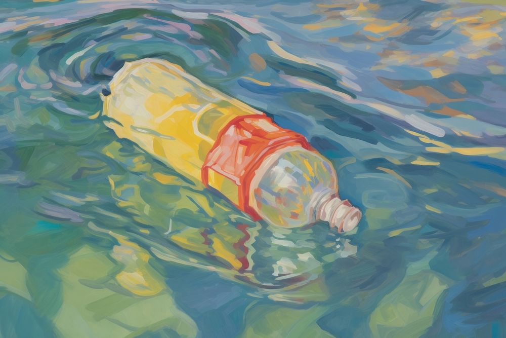 Plastic bottle floating in a tropical ocean painting pollution art. AI generated Image by rawpixel.
