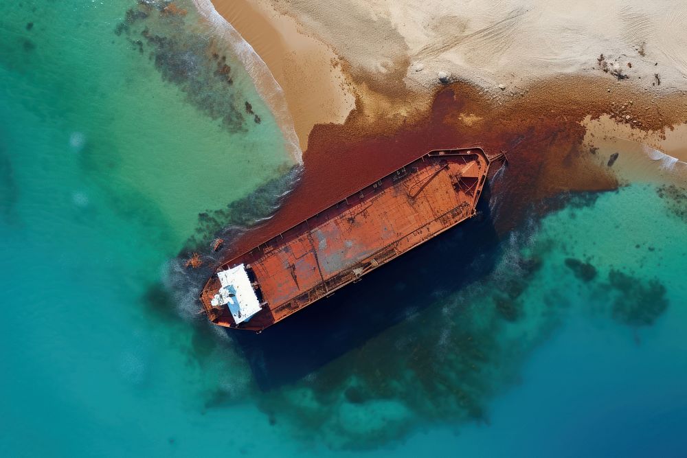 Oil tanker on the beach leaking oil shipwreck outdoors vehicle. AI generated Image by rawpixel.