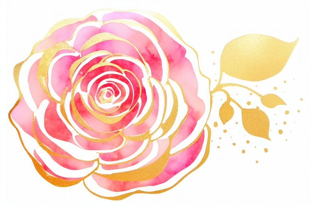 Watercolor rose and thin golden glitter outline stroke pattern flower petal.